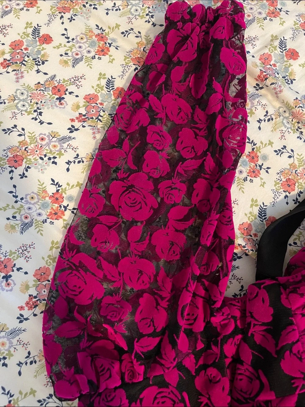 Girls Black & Fuchsia Rose Mesh Dress | Floral Party Dress